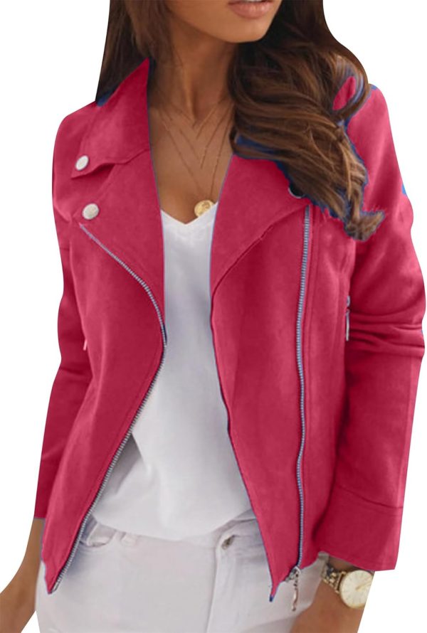 OMZIN Women Zipper Plain Color Outwear Faux Suede Party Retro Coat Bomber Long Sleeve Jacket - Image 8