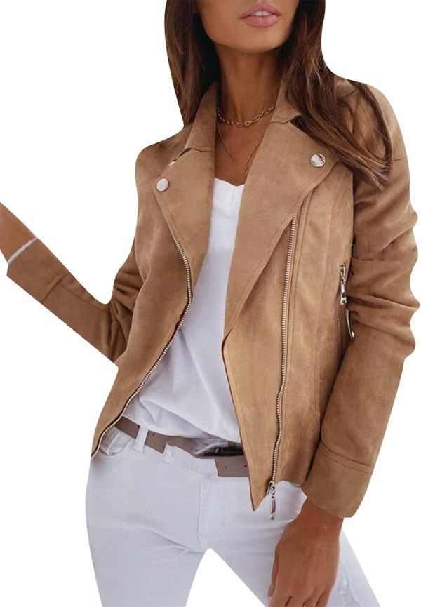 OMZIN Women Zipper Plain Color Outwear Faux Suede Party Retro Coat Bomber Long Sleeve Jacket - Image 9