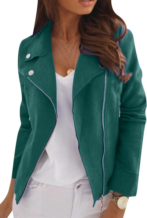 OMZIN Women Zipper Plain Color Outwear Faux Suede Party Retro Coat Bomber Long Sleeve Jacket - Image 18