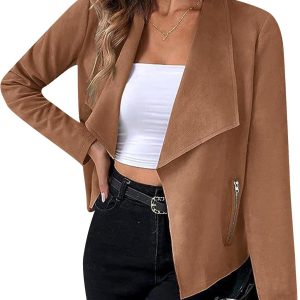 OMZIN Women Lightweight Leisure Jacket Stylish Autumn Slim Fitted Coat Plain Faux Suede