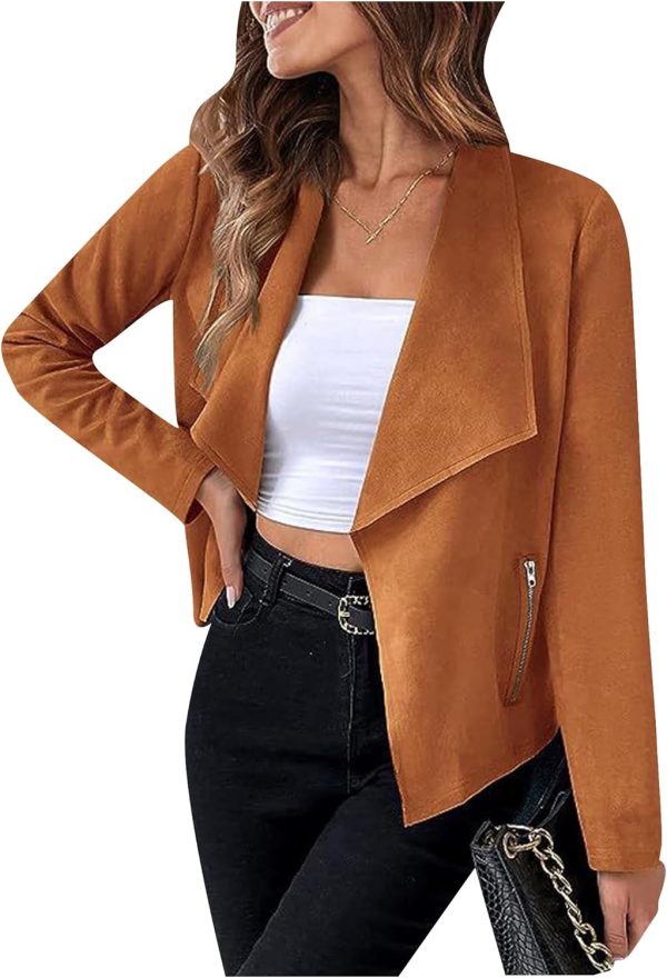 OMZIN Women Lightweight Leisure Jacket Stylish Autumn Slim Fitted Coat Plain Faux Suede - Image 11