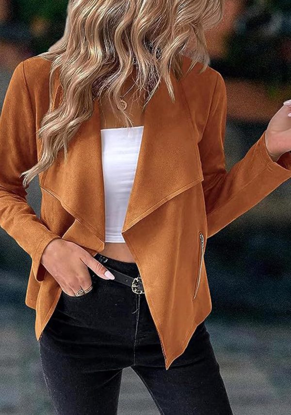OMZIN Women Lightweight Leisure Jacket Stylish Autumn Slim Fitted Coat Plain Faux Suede - Image 12