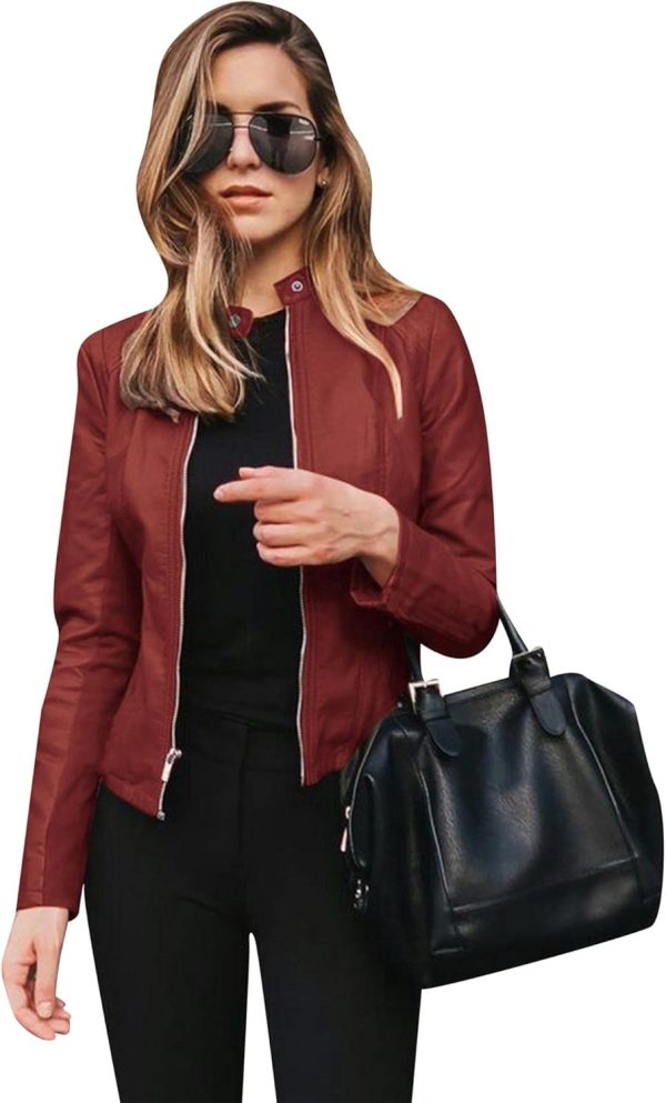 OMZIN Women's Stand Collar Sexy Coat Faux Leather Jacket Zip Up Long Sleeve Biker Coat - Image 3