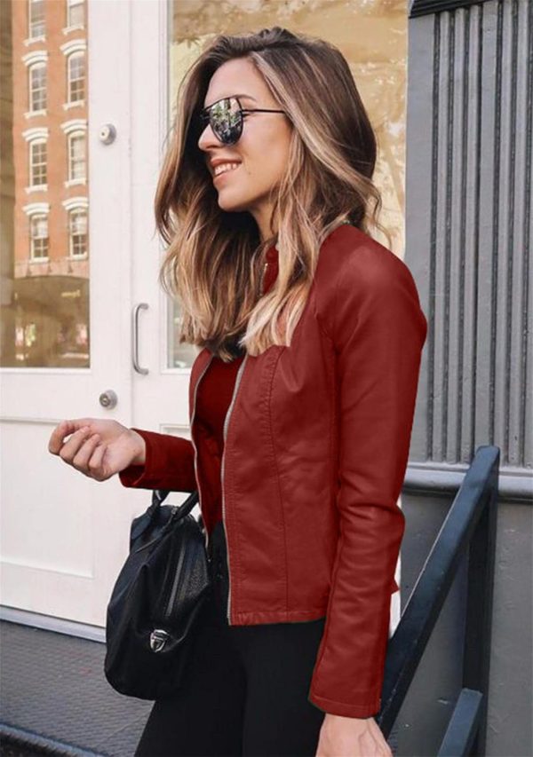 OMZIN Women's Stand Collar Sexy Coat Faux Leather Jacket Zip Up Long Sleeve Biker Coat - Image 4