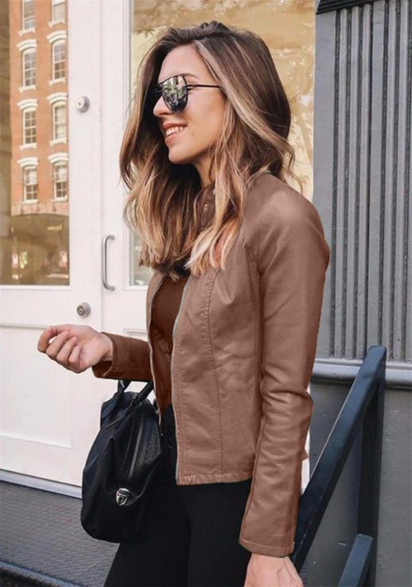 OMZIN Women's Stand Collar Sexy Coat Faux Leather Jacket Zip Up Long Sleeve Biker Coat - Image 6