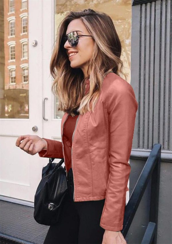 OMZIN Women's Stand Collar Sexy Coat Faux Leather Jacket Zip Up Long Sleeve Biker Coat - Image 8
