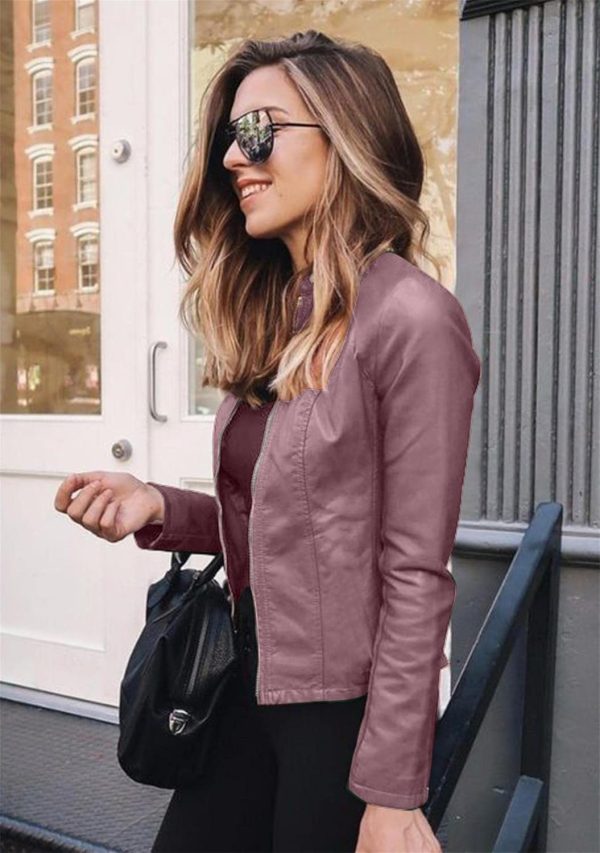 OMZIN Women's Stand Collar Sexy Coat Faux Leather Jacket Zip Up Long Sleeve Biker Coat - Image 12