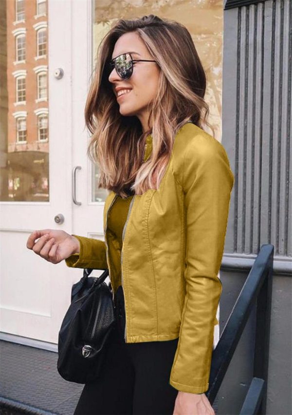 OMZIN Women's Stand Collar Sexy Coat Faux Leather Jacket Zip Up Long Sleeve Biker Coat - Image 14