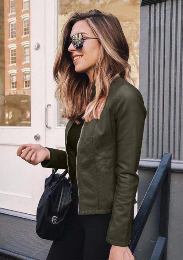 OMZIN Women's Stand Collar Sexy Coat Faux Leather Jacket Zip Up Long Sleeve Biker Coat - Image 16