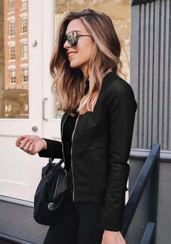 OMZIN Women's Stand Collar Sexy Coat Faux Leather Jacket Zip Up Long Sleeve Biker Coat - Image 18