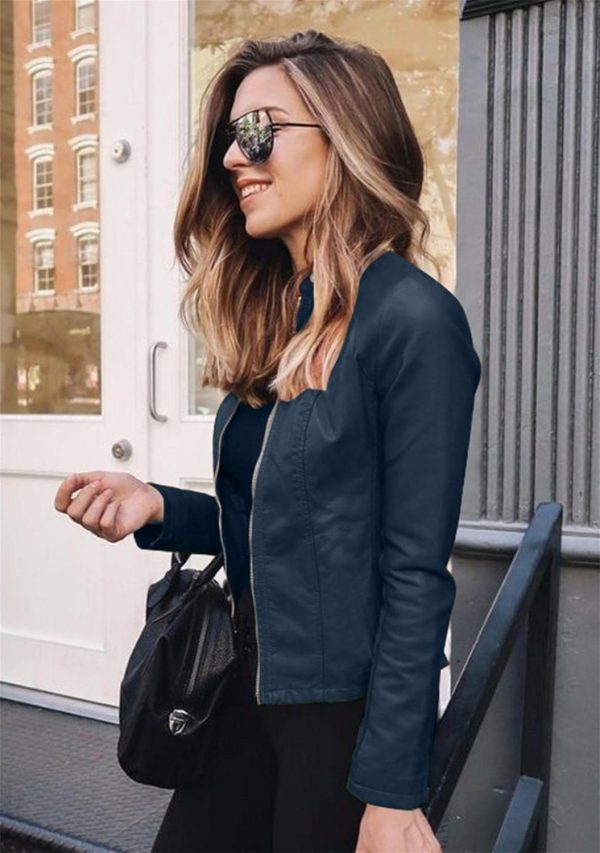 OMZIN Women's Stand Collar Sexy Coat Faux Leather Jacket Zip Up Long Sleeve Biker Coat - Image 21