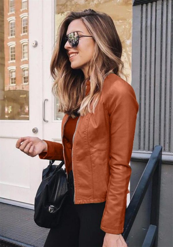 OMZIN Women's Stand Collar Sexy Coat Faux Leather Jacket Zip Up Long Sleeve Biker Coat - Image 23