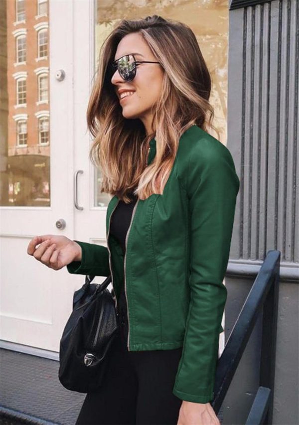 OMZIN Women's Stand Collar Sexy Coat Faux Leather Jacket Zip Up Long Sleeve Biker Coat - Image 26